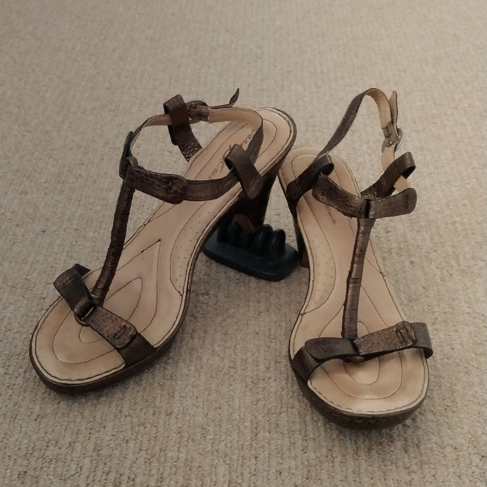 Born Crown Heels. Bronze snake skin texture heeled sandals. Size 10.